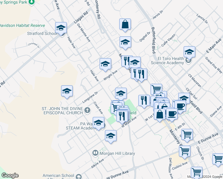 map of restaurants, bars, coffee shops, grocery stores, and more near 290B Lindo Court in Morgan Hill