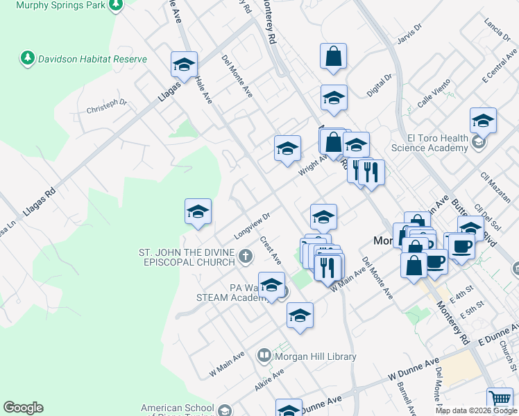 map of restaurants, bars, coffee shops, grocery stores, and more near 17901 Oak Grove Drive in Morgan Hill