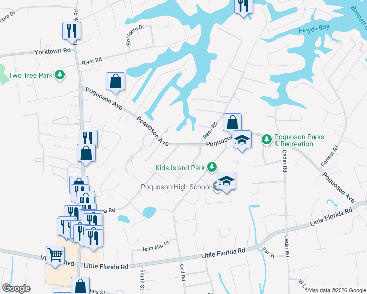 map of restaurants, bars, coffee shops, grocery stores, and more near 747 Poquoson Avenue in Poquoson