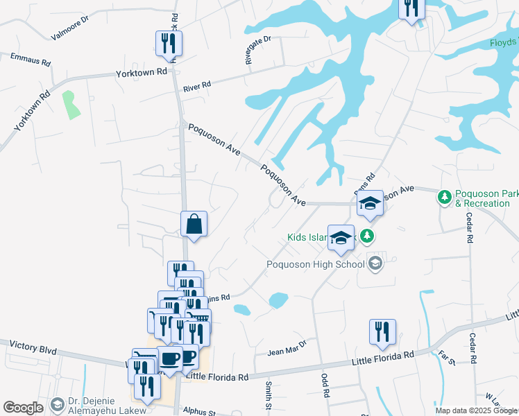 map of restaurants, bars, coffee shops, grocery stores, and more near 10 Islander Way in Poquoson