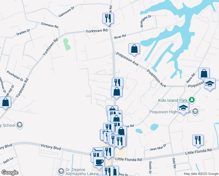 map of restaurants, bars, coffee shops, grocery stores, and more near 23 Charles Parish Drive in Poquoson