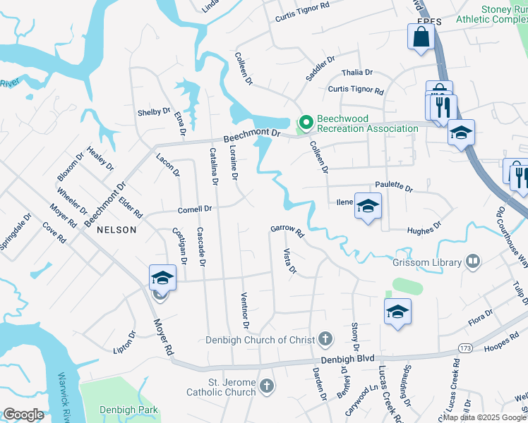 map of restaurants, bars, coffee shops, grocery stores, and more near 858 Loraine Drive in Newport News