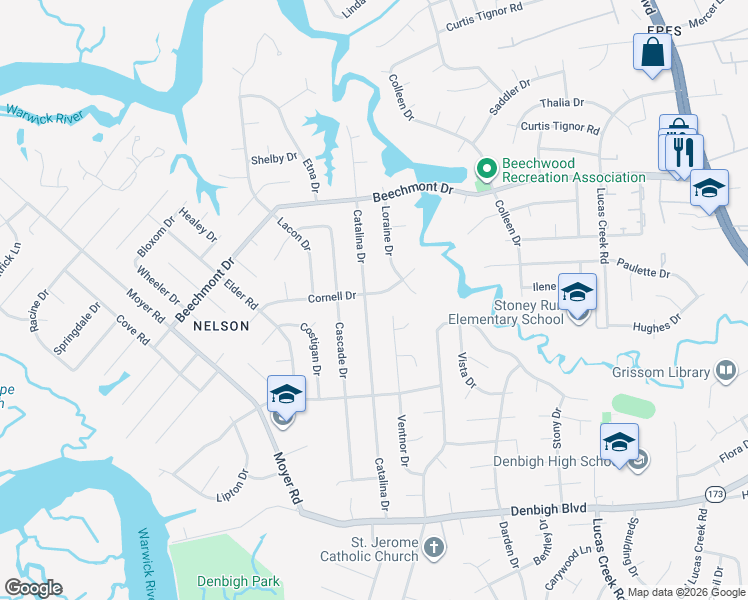 map of restaurants, bars, coffee shops, grocery stores, and more near 872 Catalina Drive in Newport News
