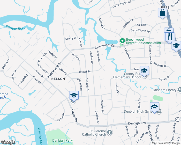 map of restaurants, bars, coffee shops, grocery stores, and more near 872 Catalina Drive in Newport News