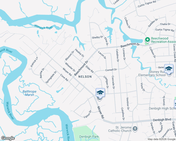 map of restaurants, bars, coffee shops, grocery stores, and more near 895 Elder Road in Newport News