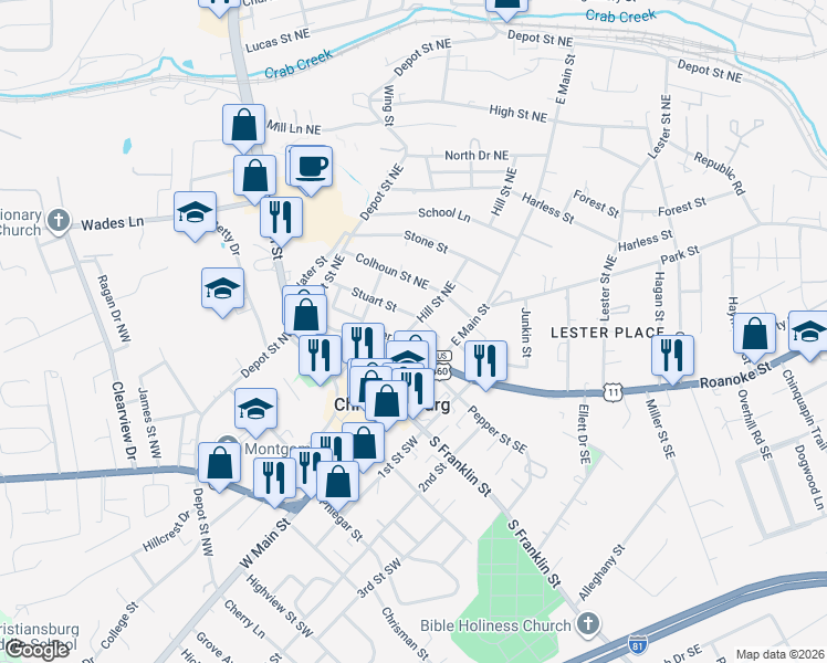 map of restaurants, bars, coffee shops, grocery stores, and more near 201 Hill Street Northeast in Christiansburg