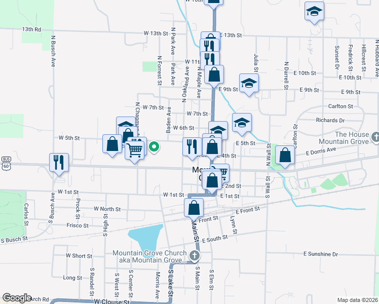 map of restaurants, bars, coffee shops, grocery stores, and more near 200-246 West 5th Street in Mountain Grove
