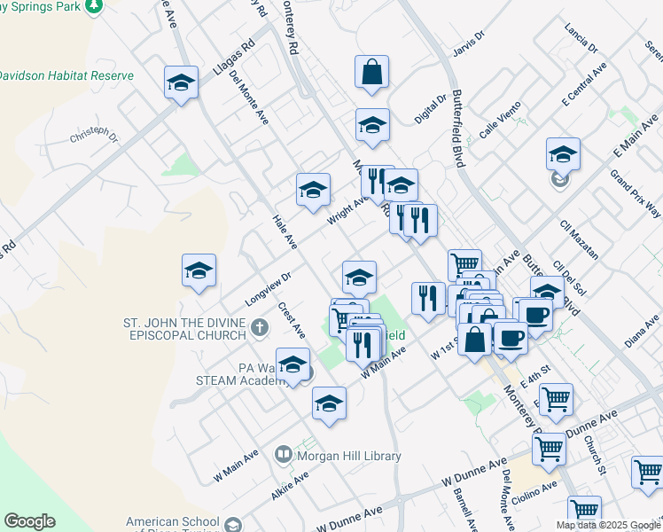 map of restaurants, bars, coffee shops, grocery stores, and more near 155 El Toro Court in Morgan Hill