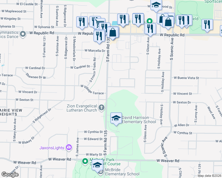 map of restaurants, bars, coffee shops, grocery stores, and more near 3080 West Village Terrace in Springfield