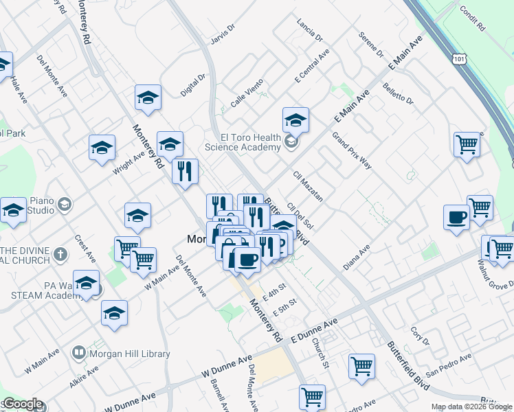map of restaurants, bars, coffee shops, grocery stores, and more near 168 East Main Avenue in Morgan Hill