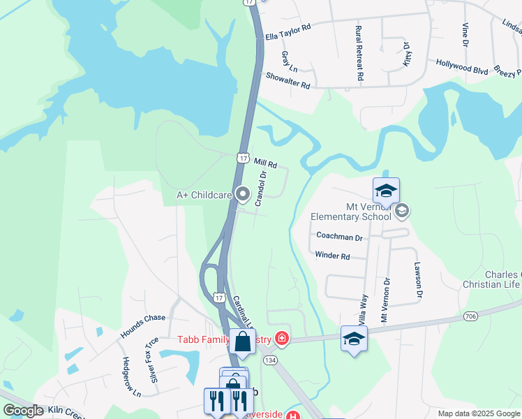map of restaurants, bars, coffee shops, grocery stores, and more near 113 Crandol Drive in Yorktown