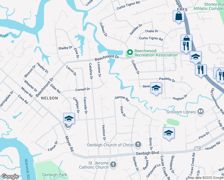 map of restaurants, bars, coffee shops, grocery stores, and more near 858 Loraine Drive in Newport News