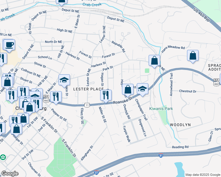 map of restaurants, bars, coffee shops, grocery stores, and more near 210 Economy St in Christiansburg