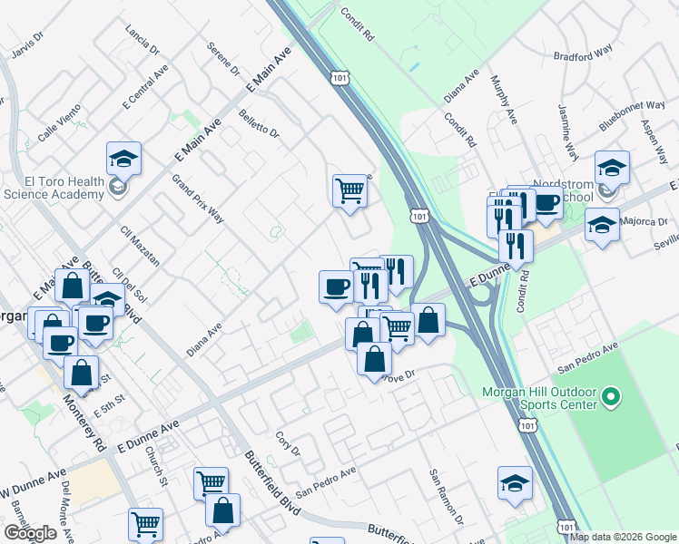 map of restaurants, bars, coffee shops, grocery stores, and more near 17245 James Lex Lane in Morgan Hill