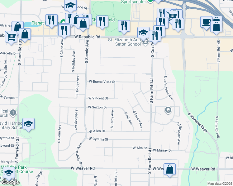 map of restaurants, bars, coffee shops, grocery stores, and more near 4540 South Leroy Avenue in Springfield