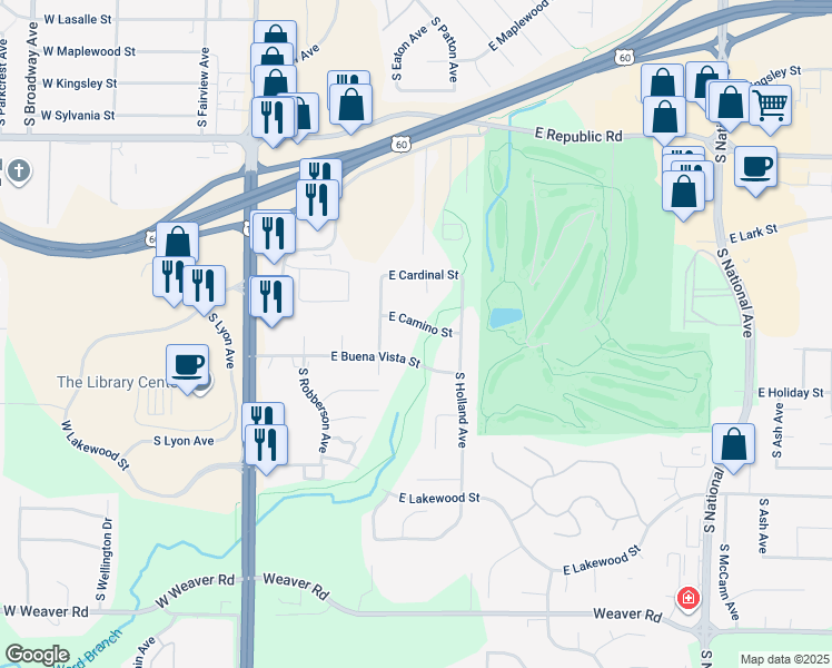 map of restaurants, bars, coffee shops, grocery stores, and more near 601-637 East Camino Street in Springfield