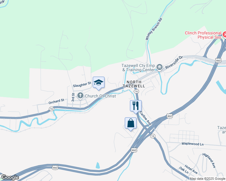 map of restaurants, bars, coffee shops, grocery stores, and more near 300 West Riverside Drive in Tazewell