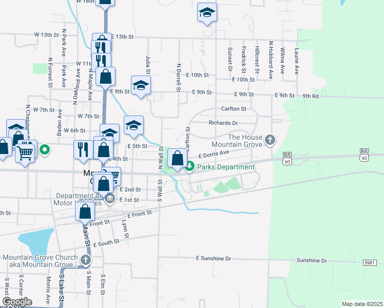 map of restaurants, bars, coffee shops, grocery stores, and more near 401-499 Carlton Drive in Mountain Grove