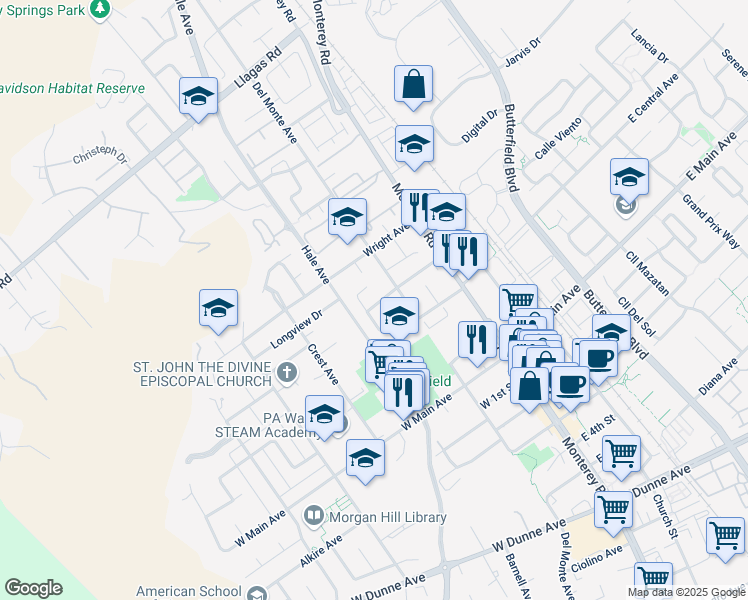 map of restaurants, bars, coffee shops, grocery stores, and more near 145 El Toro Court in Morgan Hill