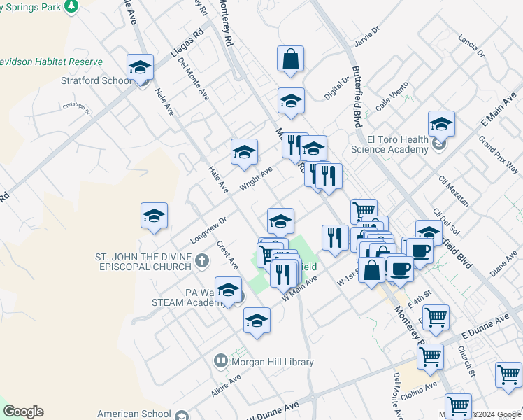 map of restaurants, bars, coffee shops, grocery stores, and more near 290B Lindo Court in Morgan Hill