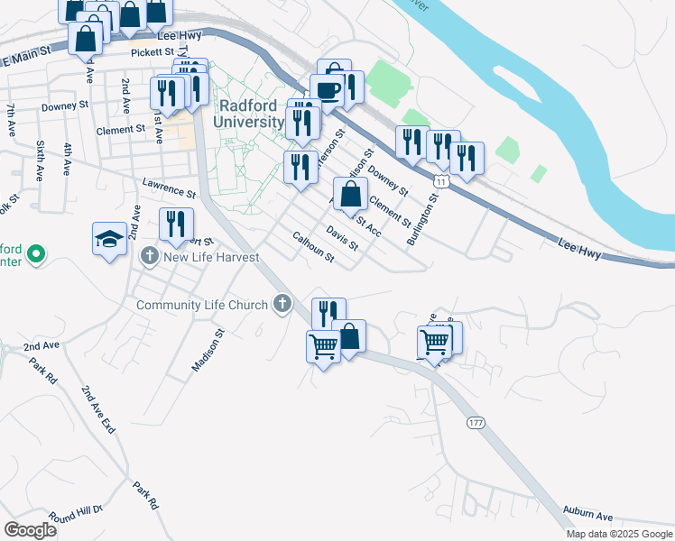 map of restaurants, bars, coffee shops, grocery stores, and more near 509 Calhoun Street in Radford