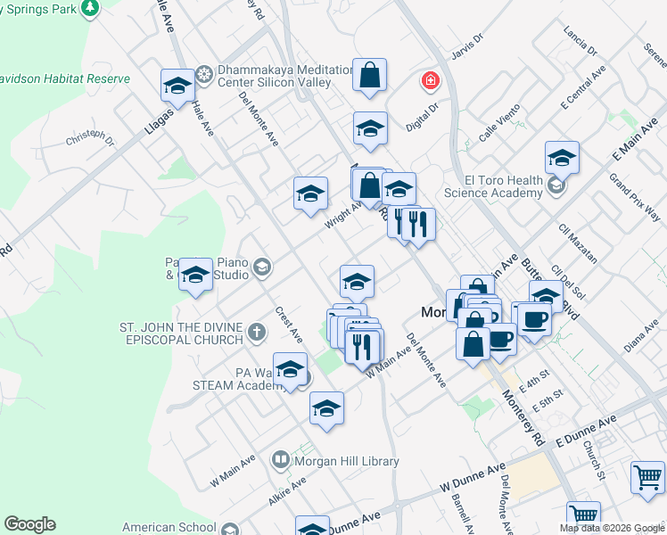 map of restaurants, bars, coffee shops, grocery stores, and more near 145 El Toro Court in Morgan Hill