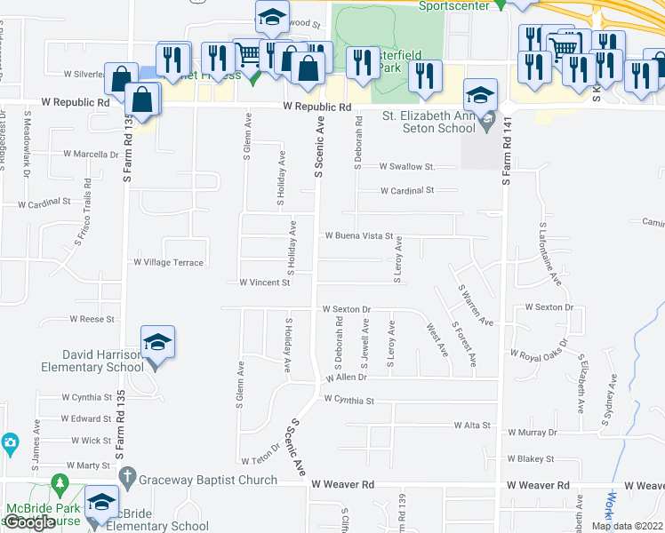 map of restaurants, bars, coffee shops, grocery stores, and more near 2662 West Village Terrace in Springfield