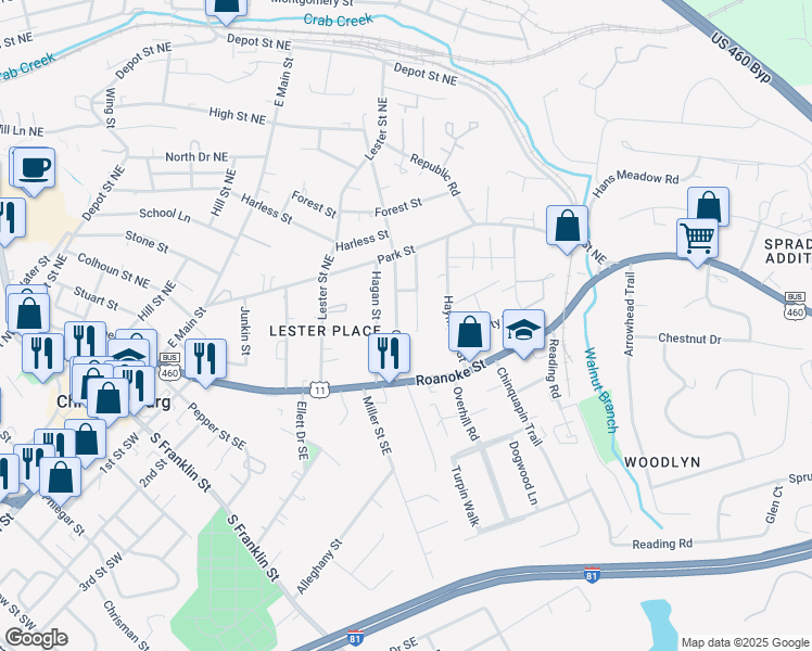 map of restaurants, bars, coffee shops, grocery stores, and more near 210 Economy St in Christiansburg