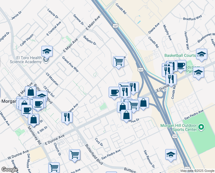 map of restaurants, bars, coffee shops, grocery stores, and more near 730 Diana Avenue in Morgan Hill
