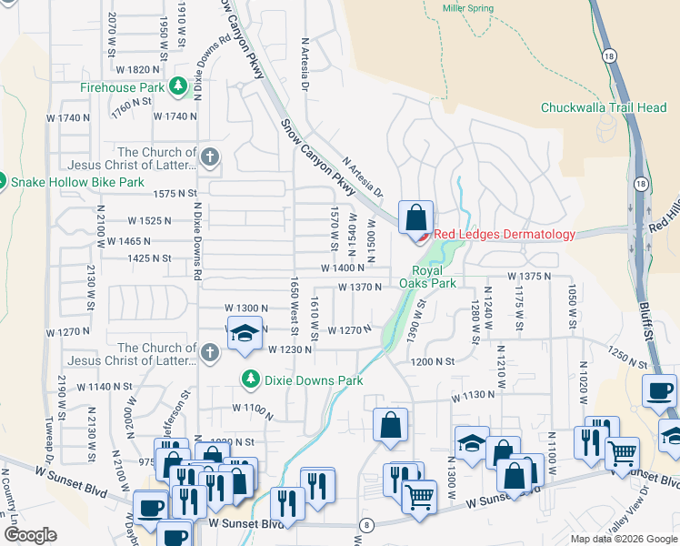 map of restaurants, bars, coffee shops, grocery stores, and more near 1411 North 1570 West in St. George