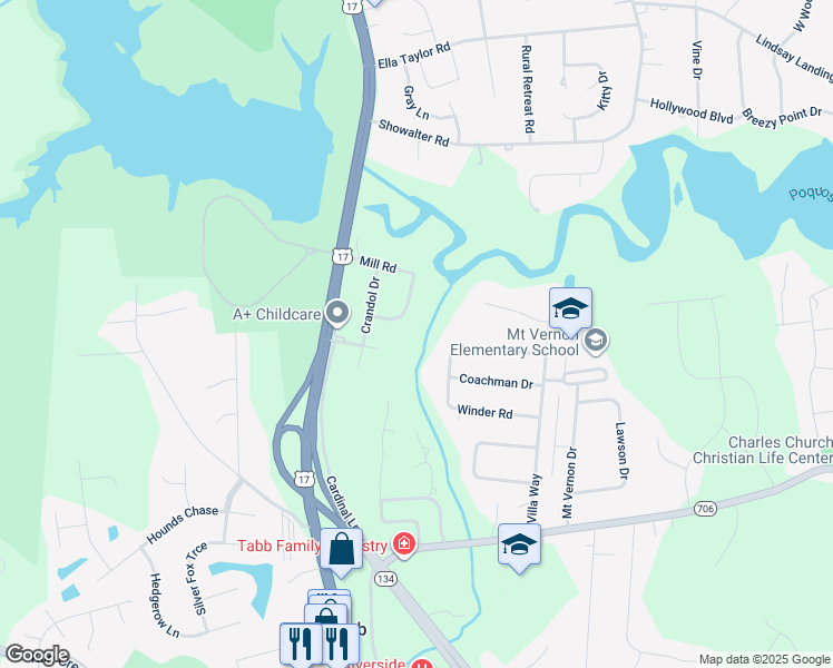 map of restaurants, bars, coffee shops, grocery stores, and more near 313 Mill Road in Yorktown