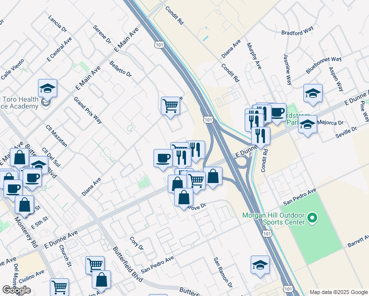 map of restaurants, bars, coffee shops, grocery stores, and more near 17082 Saint Brendan Loop in Morgan Hill