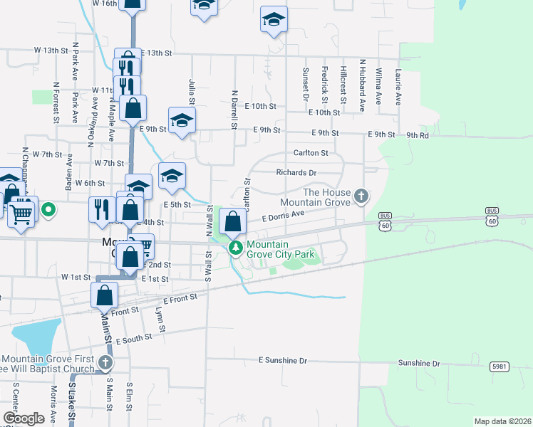 map of restaurants, bars, coffee shops, grocery stores, and more near 731 East Dorris Avenue in Mountain Grove