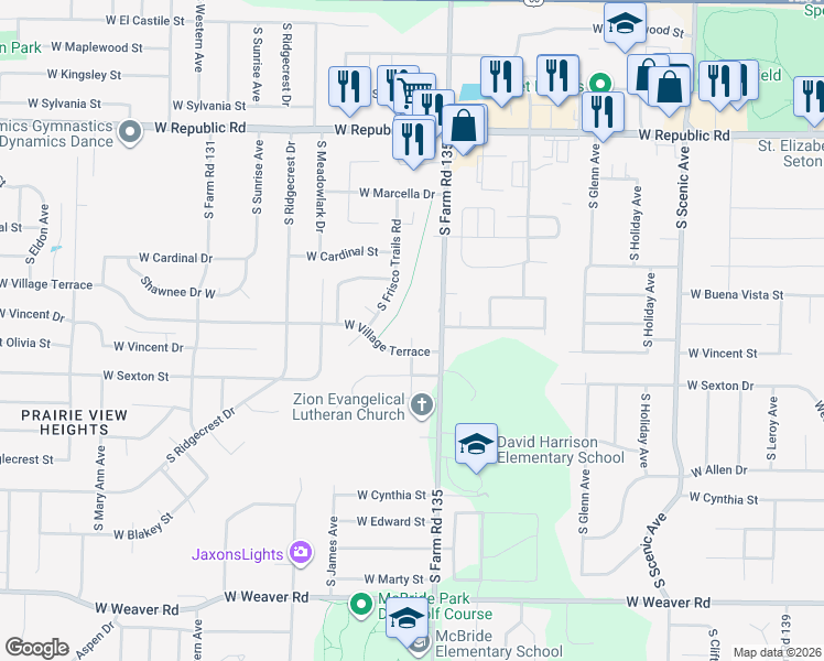 map of restaurants, bars, coffee shops, grocery stores, and more near 4468 South Ian Road in Springfield