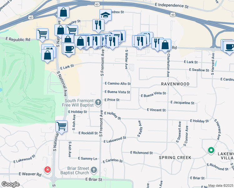 map of restaurants, bars, coffee shops, grocery stores, and more near 1464 East Buena Vista Street in Springfield