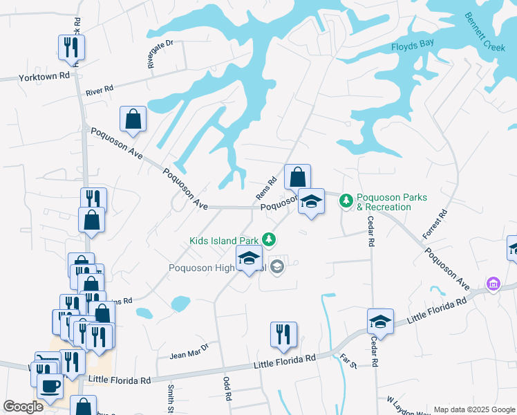 map of restaurants, bars, coffee shops, grocery stores, and more near 764 Poquoson Avenue in Poquoson