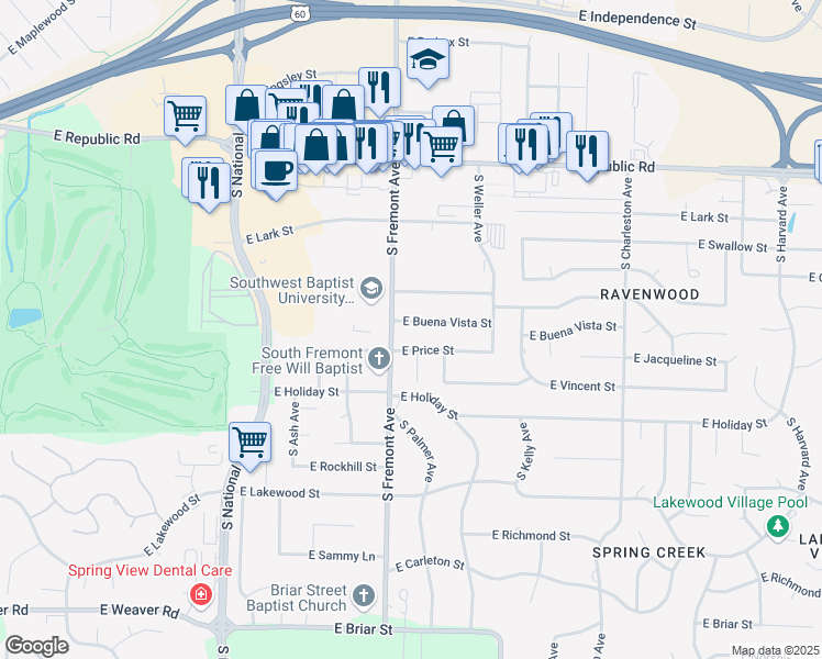 map of restaurants, bars, coffee shops, grocery stores, and more near 1424 East Buena Vista Street in Springfield