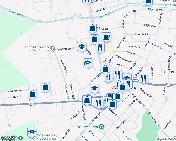 map of restaurants, bars, coffee shops, grocery stores, and more near 240 Betty Drive in Christiansburg
