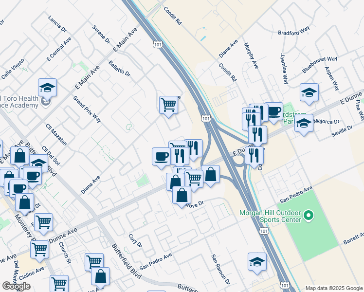 map of restaurants, bars, coffee shops, grocery stores, and more near 17082 Saint Brendan Loop in Morgan Hill