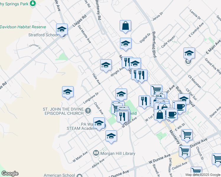 map of restaurants, bars, coffee shops, grocery stores, and more near 290B Lindo Court in Morgan Hill