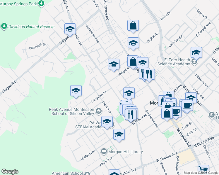 map of restaurants, bars, coffee shops, grocery stores, and more near 17865 Hale Avenue in Morgan Hill
