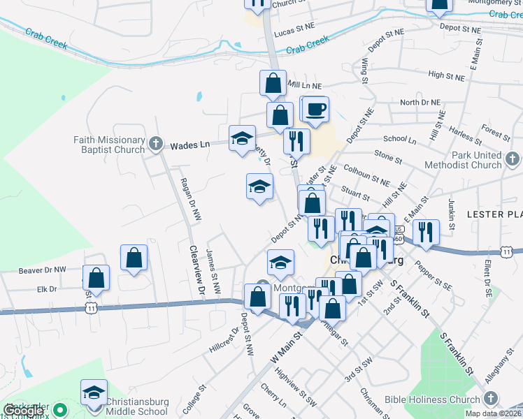 map of restaurants, bars, coffee shops, grocery stores, and more near 240 Betty Drive in Christiansburg