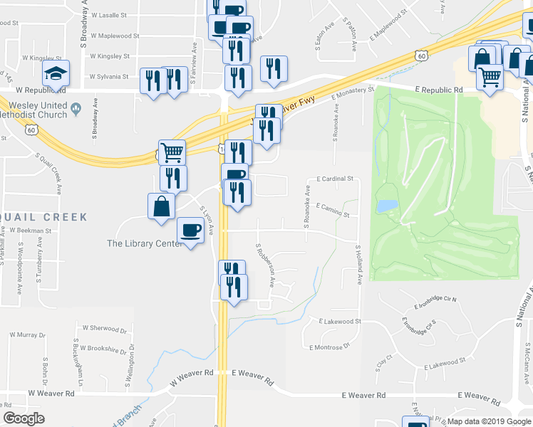 map of restaurants, bars, coffee shops, grocery stores, and more near 4516 South Robberson Avenue in Springfield