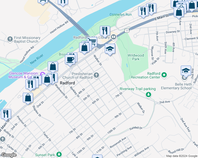 map of restaurants, bars, coffee shops, grocery stores, and more near 405 Randolph Street in Radford