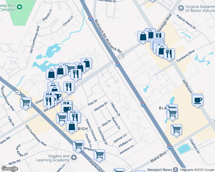 map of restaurants, bars, coffee shops, grocery stores, and more near 498 Crescent Way in Newport News