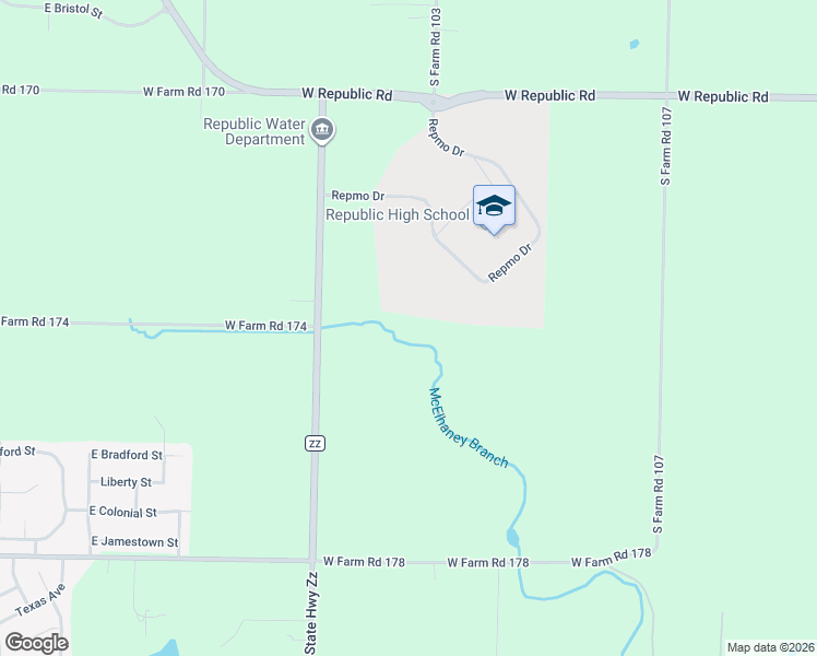 map of restaurants, bars, coffee shops, grocery stores, and more near 4660 State Highway ZZ in Republic