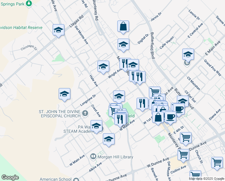 map of restaurants, bars, coffee shops, grocery stores, and more near 135 El Toro Court in Morgan Hill