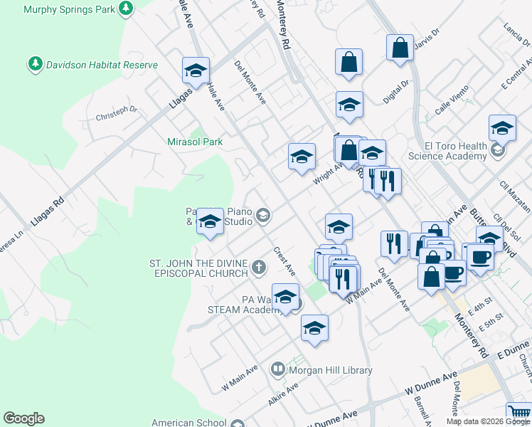 map of restaurants, bars, coffee shops, grocery stores, and more near 17901 Oak Grove Drive in Morgan Hill