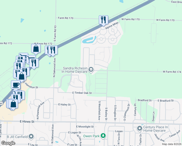 map of restaurants, bars, coffee shops, grocery stores, and more near 7628 West Farm Road 174 in Republic