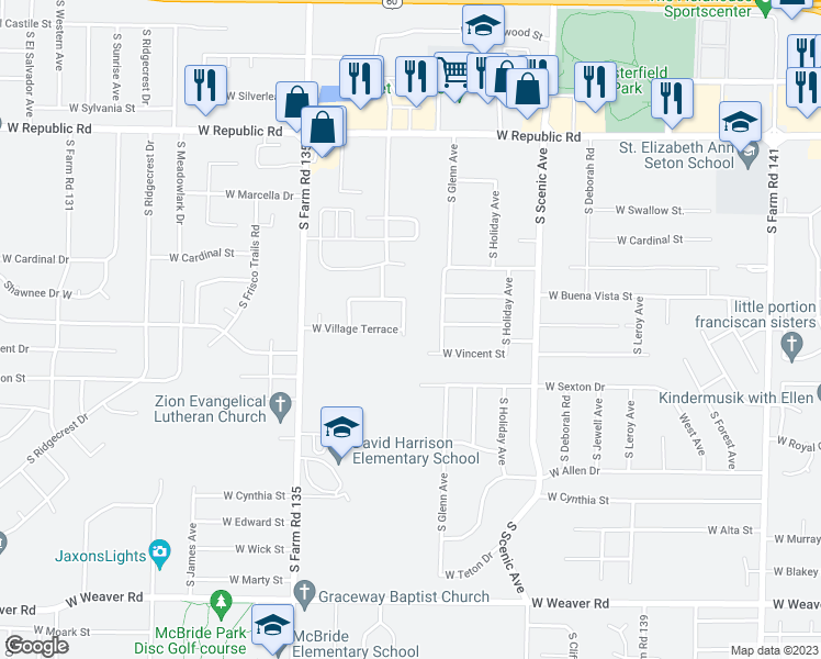 map of restaurants, bars, coffee shops, grocery stores, and more near 4526 South Sycamore Avenue in Springfield